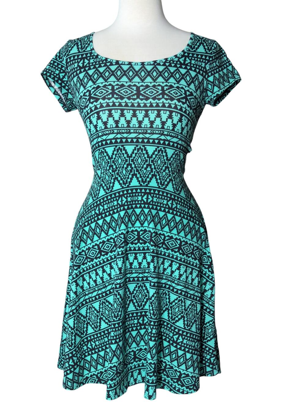 Love J Medium Skater Dress Teal & Black Aztec Print Short Sleeve Cross Back